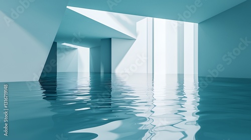 Flooded Modern Architectural Interior with Teal Water