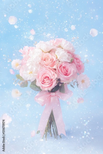 Elegant pink roses bouquet floral arrangement studio setting romantic vibes soft focus beauty and love photo