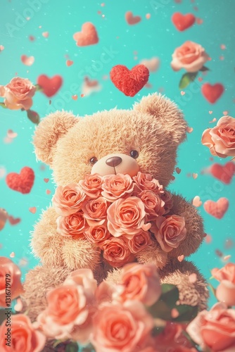 Teddy bear with roses romantic setting digital art soft colors heartfelt emotions