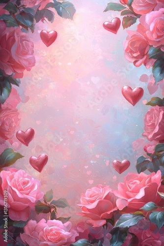 Romantic heart and rose composition digital art floral design soft pastel background aesthetic view love concept