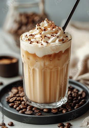 Iced Coffee Drink Topped With Whipped Cream and Chocolate Shavings on a Tray ...