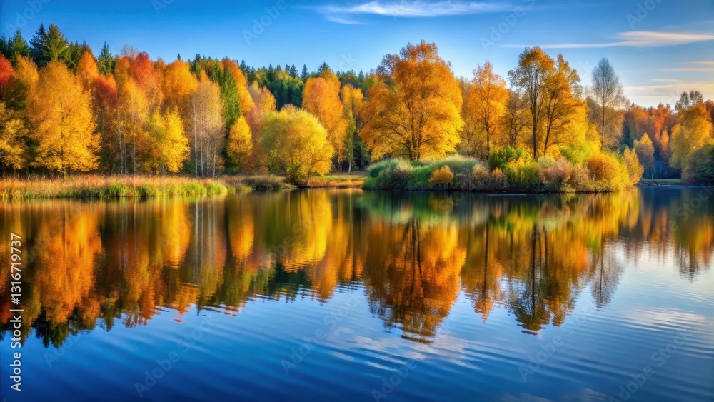 Obraz premium Serene Autumn Landscape with Reflecting Lake, ripples, trees, ripples, trees, blue sky, peaceful, scenery,autumn