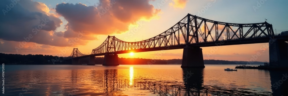 Evening light casts shadows on steel trusses and water, truss, Evening light casts shadows on steel trusses and water, truss,