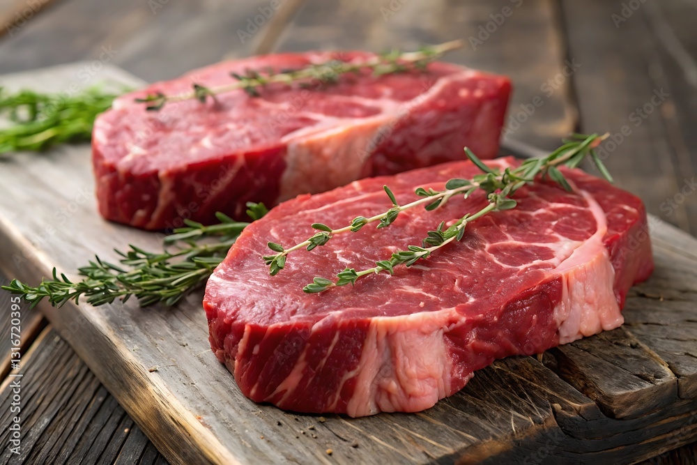 Two raw ribeye steaks on rustic wooden board with thyme bbq red beef meat food herb high meal lunch Two raw ribeye steaks on rustic wooden board with thyme bbq red beef meat food herb high meal lunch