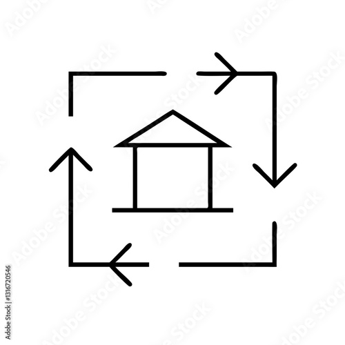Modern Minimalist Arrow House Icon with Lines and Directions on White Background