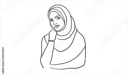 Young muslim woman in burqa, continuous line art drawin. Oriental girl in traditional clothes. Vector illustration isolated on white background 