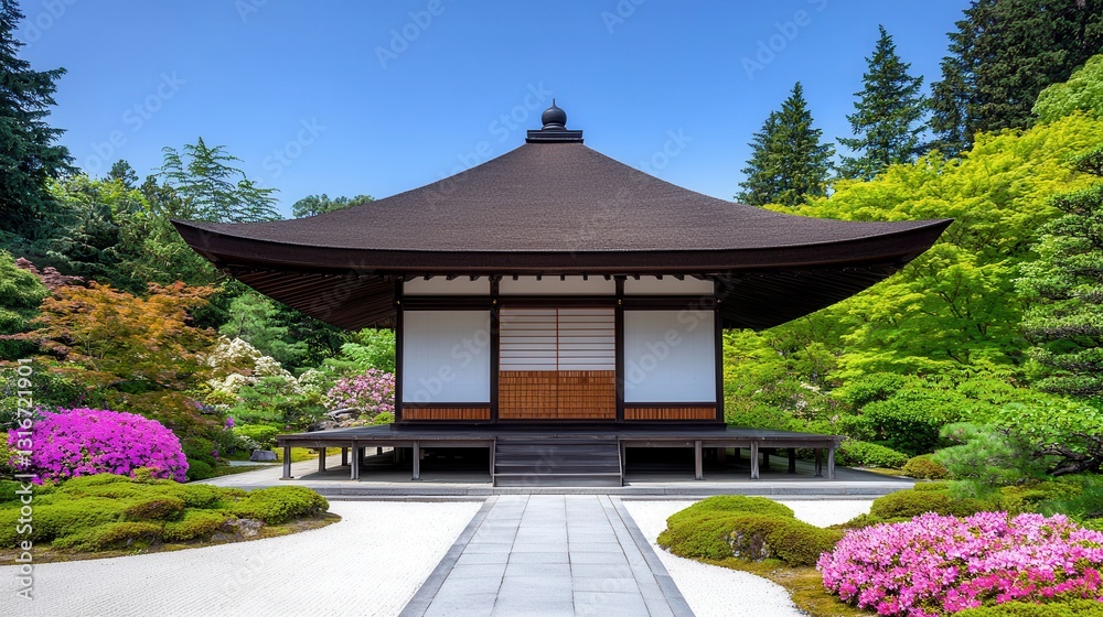 Serene Japanese Pavilion Surrounded by Vibrant Blossoms and Lush Greenery