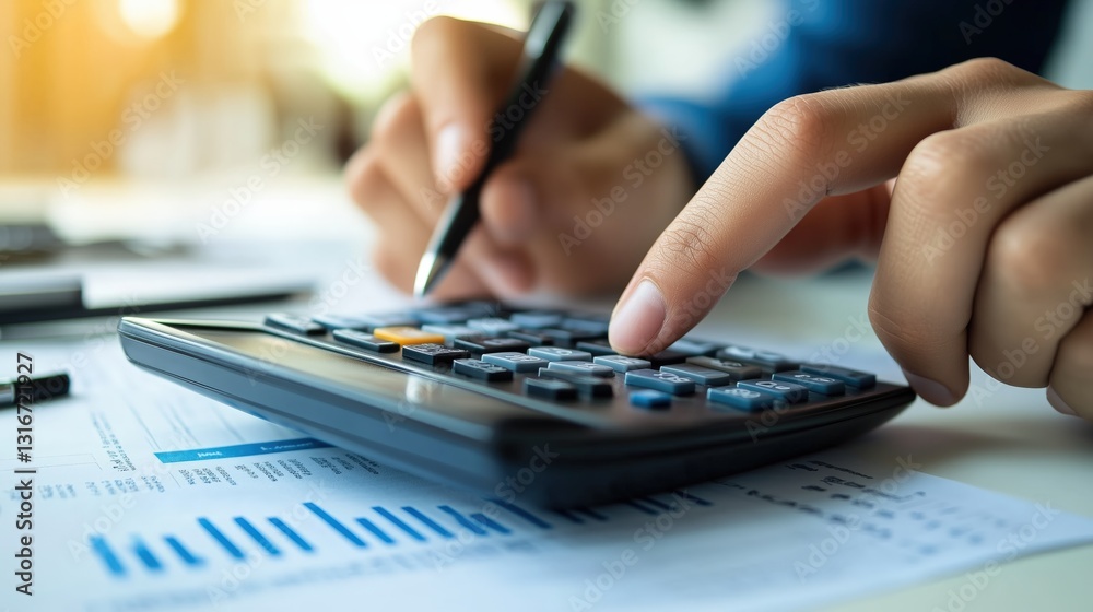 A person using a calculator to estimate insurance premiums
