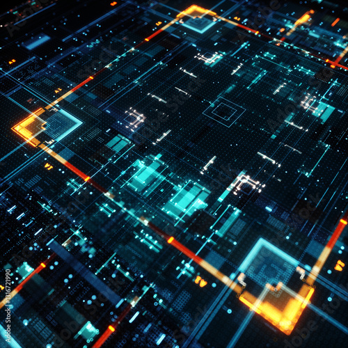 Wallpaper Mural Futuristic digital grid with glowing cyan and orange elements. Complex circuitry pattern evokes advanced technology and AI systems. Ideal for high-tech, cyber, or data themes Torontodigital.ca