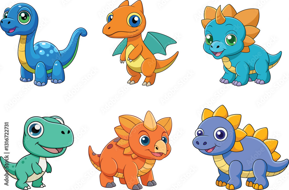 Obraz premium a set of cute and colorful cartoon-style dinosaurs in different poses and colors, featuring baby t-rex, triceratops, brontosaurus, and stegosaurus