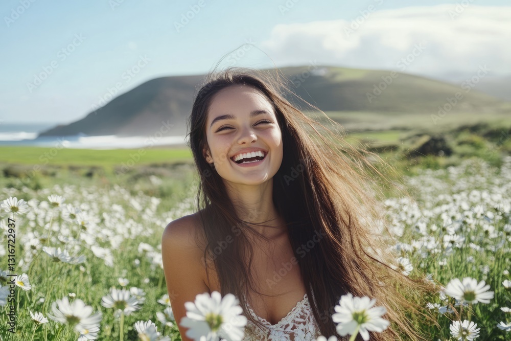 Her surroundings are dotted with white flowers and daisies, pure and fresh, romantic and natural breath, forming a harmonious and full of vitality picture. Her surroundings are dotted with white flowers and daisies, pure and fresh, romantic and natural breath, forming a harmonious and full of vitality picture.