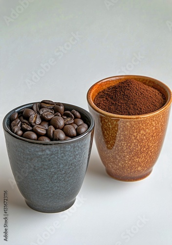 Coffee Preparation With Whole Beans, Ground Coffee, and Brewed Cup on a Light...