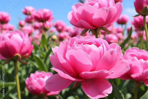 field of pink flowers with a blue sky in the background