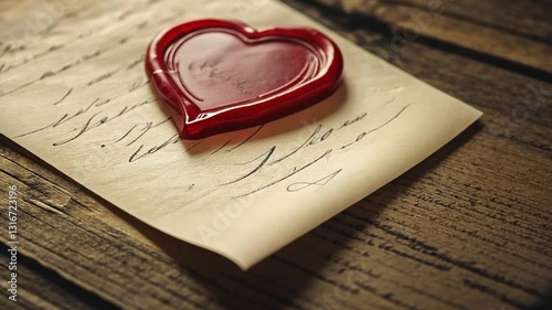 Romantic Heart-Shaped Wax Seal on Old Love Letter , Vintage Valentine Message