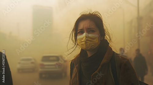 Woman Wearing Yellow Mask in Smoky Urban Environment
