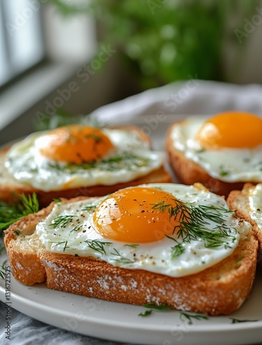 Delicious Fried Eggs on Toasted Bread With Dill in a Cozy Kitchen Setting