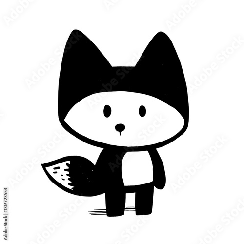 Charming cartoon fox character in playful black and white design with oversized ears and a friendly expression