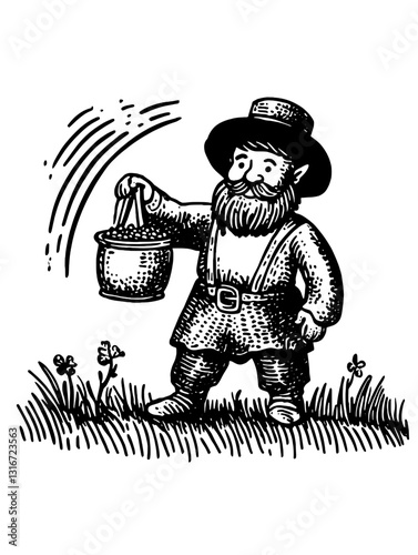 Cheerful gardener with a bucket tending to flowers in a sunlit meadow on a bright afternoon