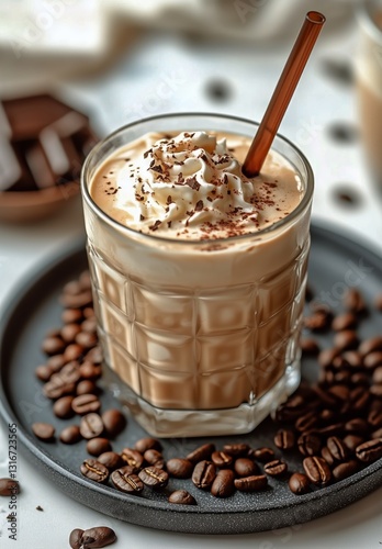 Delicious Creamy Iced Coffee Topped With Whipped Cream and Coffee Beans in Co...