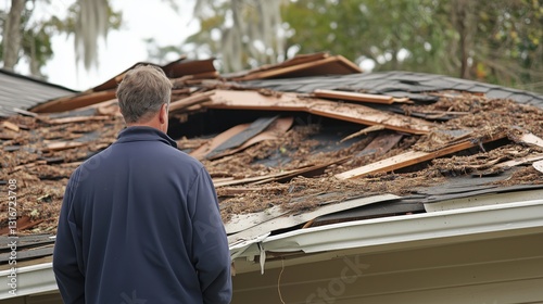 A storm-damaged roof with an insurance agent inspecting it