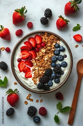 Delicious Yogurt Bowl Topped With Fresh Berries and Granola for a Healthy Bre...
