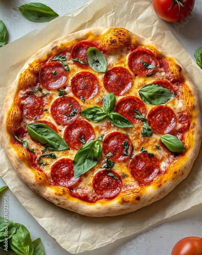Delicious Pepperoni Pizza Topped With Fresh Basil Served on a Wooden Board