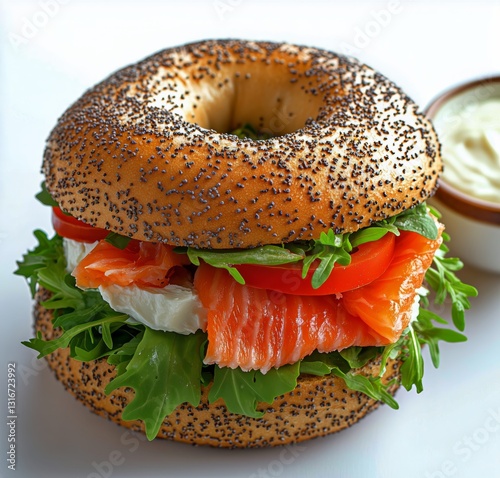 Delicious Bagel With Smoked Salmon, Cream Cheese, Arugula, and Dipping Sauce ...