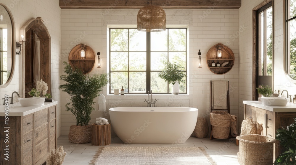 Fototapeta premium A cozy farmhouse bathroom with vintage-style fixtures, a clawfoot tub, and wooden accents.