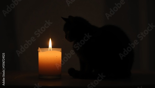 A calming silhouette of a cat sitting beside a glowing candle, creating a peaceful atmosphere in a dimly lit space.