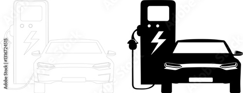 Electric car charging station with black and white isolated on transparent white background