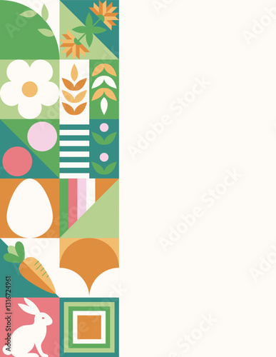 Wielkanocny baner z mozaiką z świątecznymi symbolami. Wiosenny geometryczny wzór z królikiem, jajkami i kwiatami.