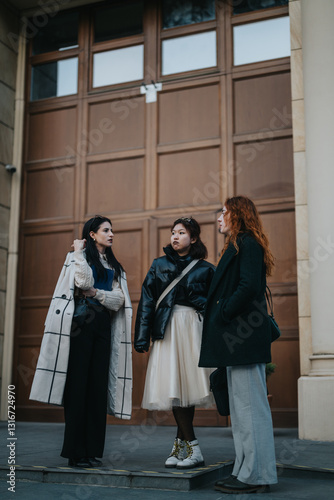 Wallpaper Mural A group of stylishly dressed women stand outdoors conversing, showcasing unique fashion styles. Torontodigital.ca