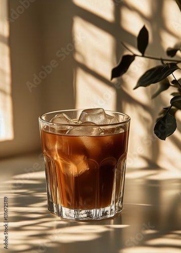 Freshly Brewed Iced Coffee Served in a Clear Glass With Ice Cubes and Sunligh...