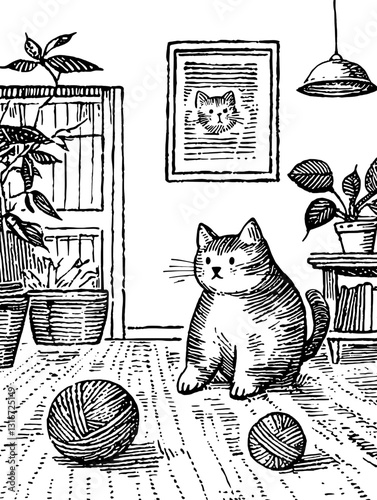 Cozy indoor setting with a playful cat and yarn balls in a warm, inviting home atmosphere