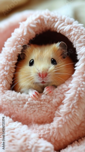 Cute Hamster Resting in a Pink Knitted Cup on a Cozy Blanket During Afternoon...