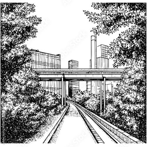 Explore the urban landscape where nature intertwines with city life along the railway track leading to modern skyscrapers