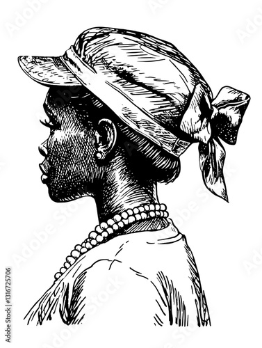 Elegant representation of a woman in profile showcasing traditional fashion and accessories with a modern twist