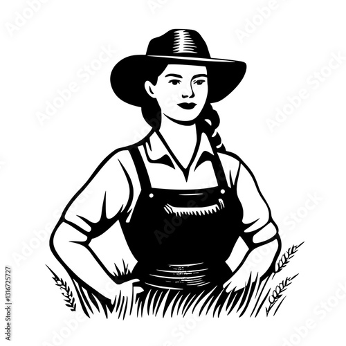 Empowered farmer woman confidently standing in a field, showcasing resilience in agricultural life through vector art