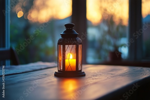 Lantern With Candle Glowing Softly on Wooden Table During Evening in Garden