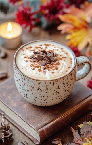 Warm Cup of Spiced Coffee With Chocolate Shavings and Autumn Decorations on a...