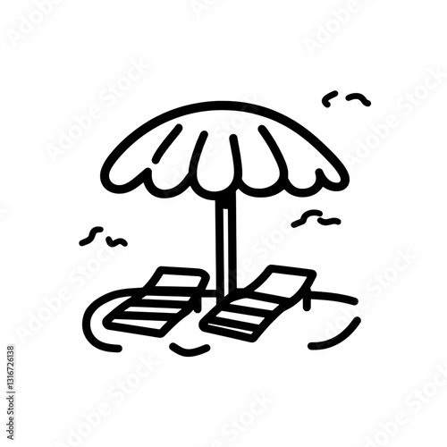 Enjoying a sunny beach day with lounge chairs and a parasol providing shade by the water
