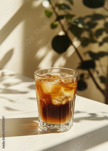 Refreshing Drink in Glass With Ice on a Table Illuminated by Sunlight Through...