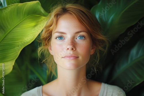 Beautiful Young Woman With Striking Blue Eyes Surrounded by Lush Green Leaves...