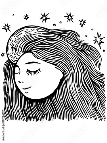 Whimsical vector illustration of a serene girl with flowing hair and stars illuminating the night sky