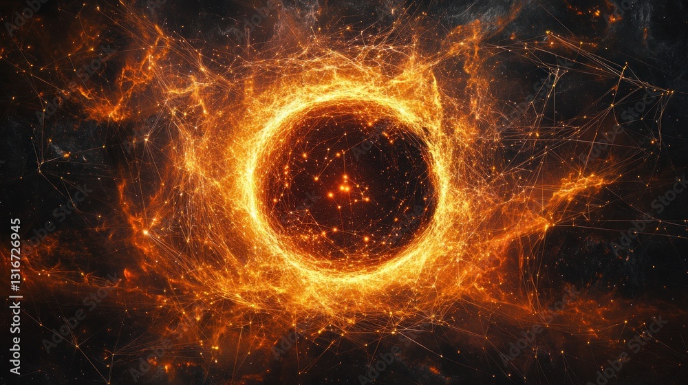 Fototapeta premium Fiery, glowing orb in abstract, dark space background