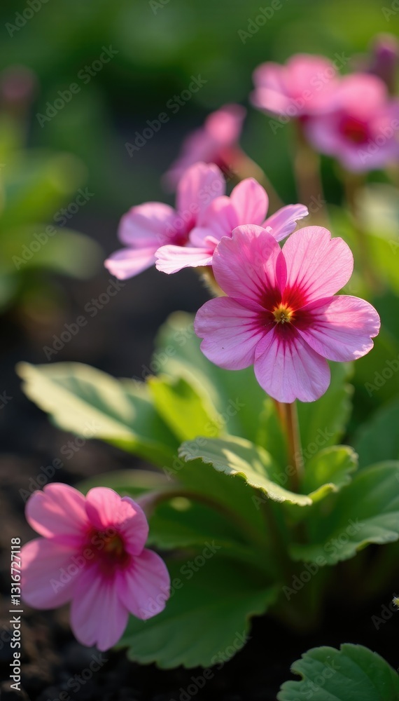 Pink primrose Primula flowers growing in a shaded garden bed, growth, primroses, gardenbeds Pink primrose Primula flowers growing in a shaded garden bed, growth, primroses, gardenbeds
