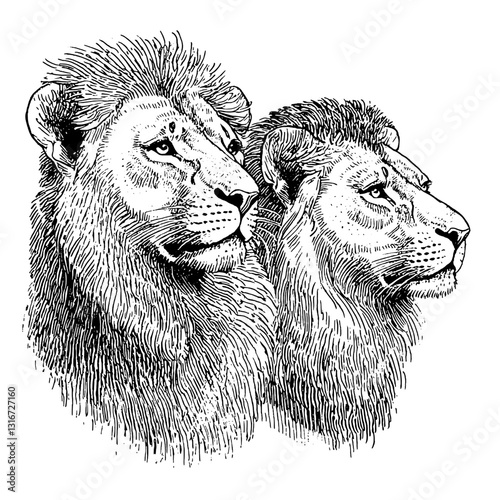 Two majestic lions showcase their grandeur in a detailed vector illustration with intricate line work