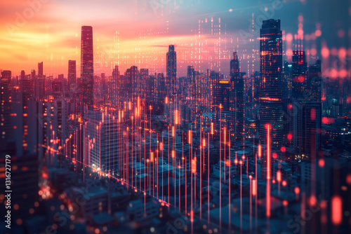 vibrant city skyline with digital data overlay