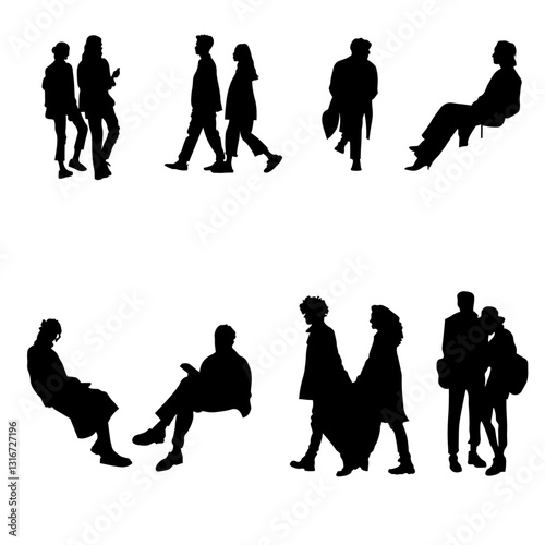 A set of black silhouette vector illustrations of people in various poses, including families, couples, and seated figures, ideal for design and architectural projects.