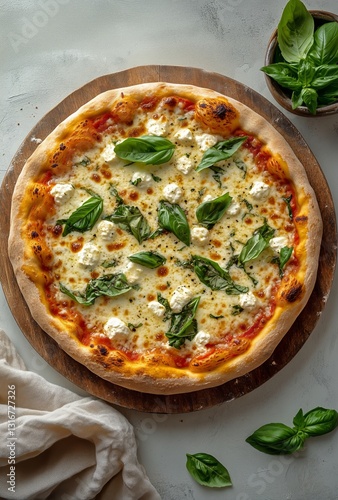 Freshly Baked White Pizza Topped With Basil on a Wooden Serving Board in a Co...